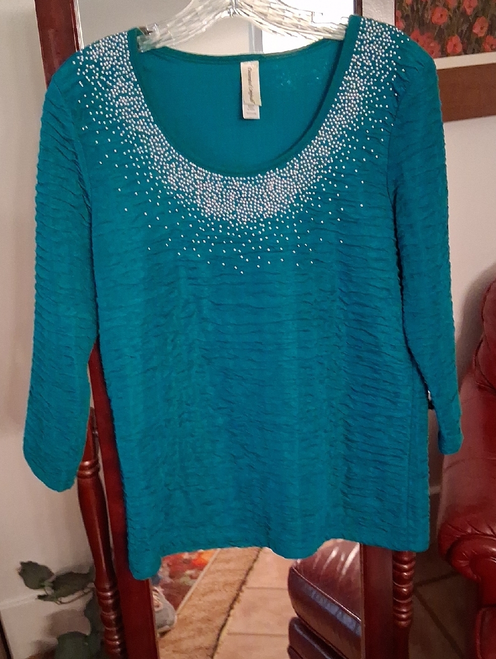 Women's Teal Embellished Scoop Neck Tunic - 3/4 Sleeve TEAL SZ. M